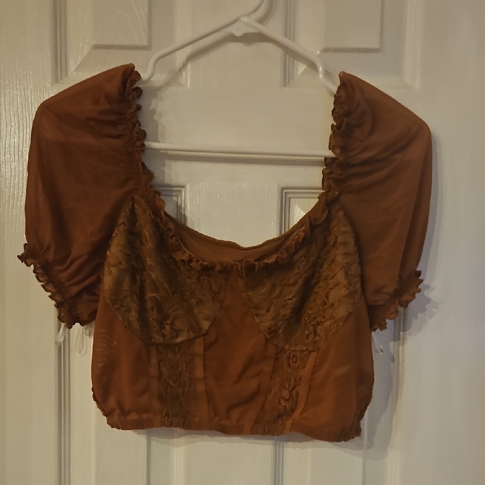 SHEIN Brown Ruffled Puff Sleeve Crop Top
